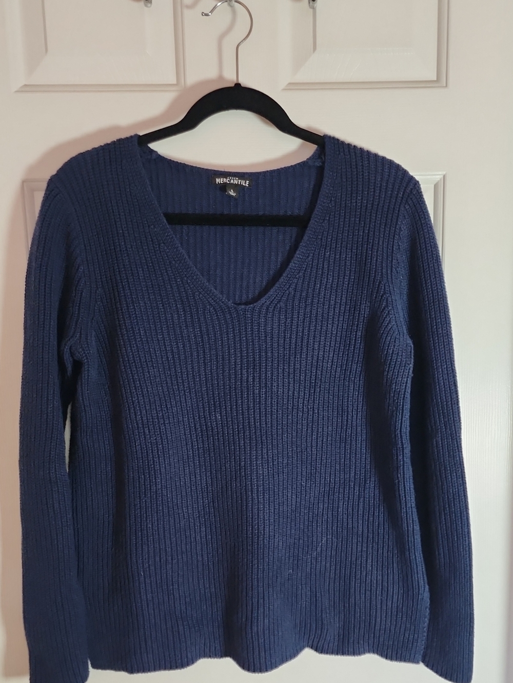 J Crew Women's Navy V-Neck Ribbed Cotton Sweater